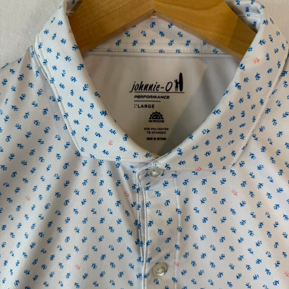 Johnnie-O Performance Polo Shirt Mens XL White Floral Staley Farms Golf Logo